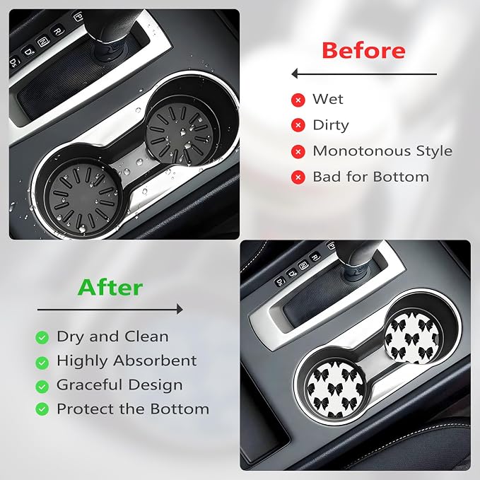 Ceramic Car Cup Coasters 2PCS - Black Bow | with Cork Back & Finger Slot, Anti-Slip Shock Absorbing, Universal Car Interior Accessories for Men Women