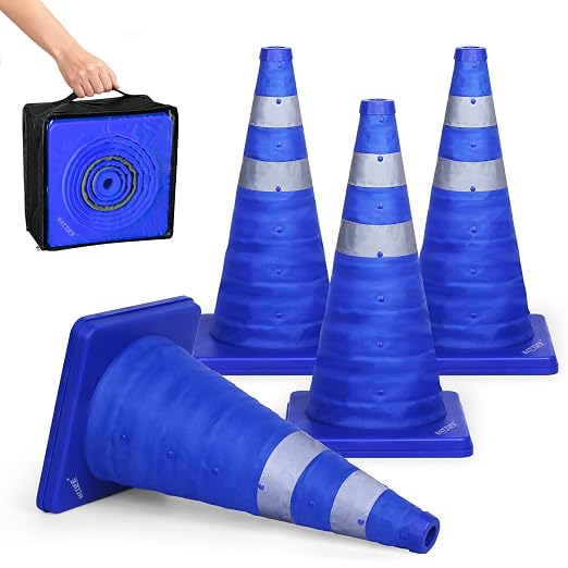BATTIFE [4 Pack] 18 Inch Collapsible Traffic Cones, Safety Cones, Pop-up Cones with Reflective Collar, for Driving Practice,Road Parking (Blue)