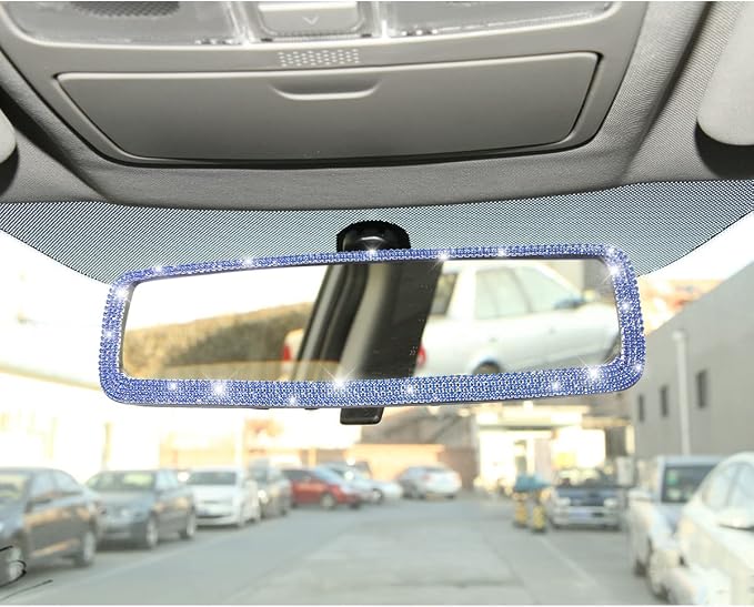 Bling Car Rear View Mirror, Rhinestones Crystal Clip-on Rearview Mirror with HD Glass, Compatible with Most Cars, SUVs, Vehicles, Auto Interior Accessories for Women Girl (Blue)