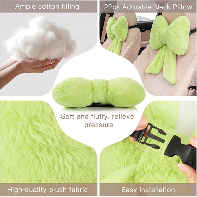 Macarrie 2 Pcs Car Neck Pillow Plush Butterfly Bow Car Headrest Pillow Comfortable Seat Neck Support Cute Head Rest Accessories for Driving Travel Driver Chair Girl Interior Decor (Sage Green,Solid)