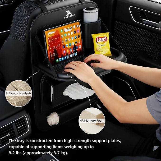 2 Pack Universal Premium Leather Foldable Car Backseat Organizer with Table Tray, Car Seat Back Protector with Garbage Bag Touch Screen Pad Holder, Car Kick Mats with Tissue Box (Black)