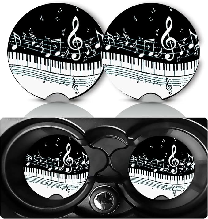 2 Pack Piano Music Notes Car Cup Holder Coasters Neoprene Anti Slip Mat | Piano Car Accessories Decor 2.75" Universal Size Insert Auto Coasters Music Gifts for Women Men