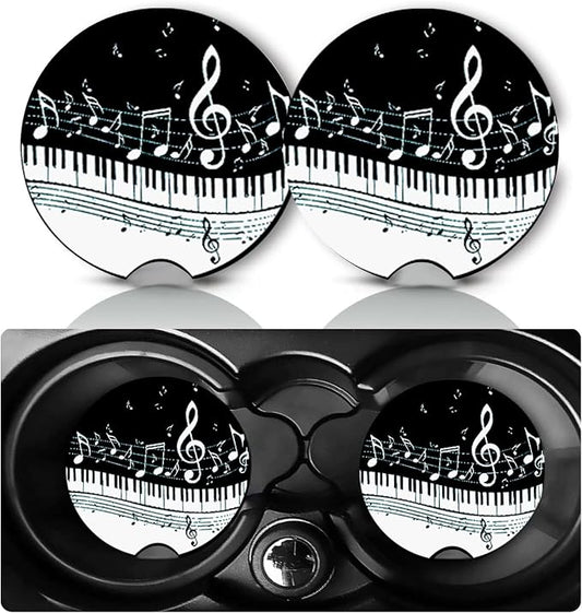 2 Pack Piano Music Notes Car Cup Holder Coasters Neoprene Anti Slip Mat | Piano Car Accessories Decor 2.75" Universal Size Insert Auto Coasters Music Gifts for Women Men