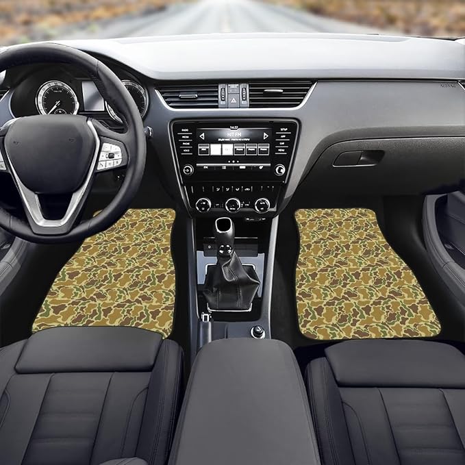 Green Camo Print Car Floor Mats Set of 4 Military Camouflage Universal Vehicle Floor Carpet Decorative Auto Front Rear Foot Rugs for Trucks SUV Sedan