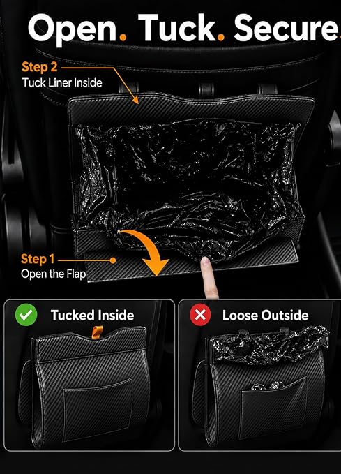 COZILO Leather Car Trash Can, Leak-Proof Odor-Lock Car Garbage Can with 60 Liners, Magnetic Closure & Liner-Hold, Storage Pocket, Metal Hooks, Hanging Car Trash Bin for SUV Sedan Truck, Carbon Fiber