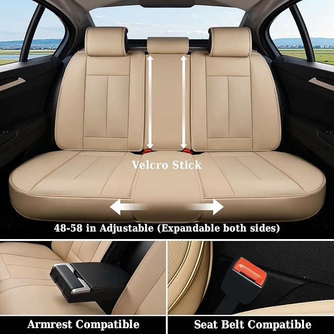 Coverado Backseat Cover for Dogs, Car Seat Protector for Back Seat, Car Seat Covers Beige, Car Seat Cushion Nappa Leather, 3-Pieces Waterproof Seat Covers Carseat Cover Universal Fit for Most Cars