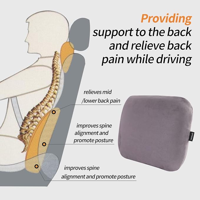Carwales Lumbar Support Pillow for Car Seat Cushion Office Chair Thin Lower Back Pain Waist Support Driver Road Trip Accessories for Women Men Grey