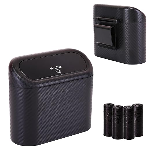 Ginsco Mini Car Trash Can with Lid, Small Car Garbage Can, Cute Leakproof ABS Car Trash Bin, Car Accessories for Interior, Garbage Bin for Car, Home, Office with 60pcs Trash Bags Carbon Fibre