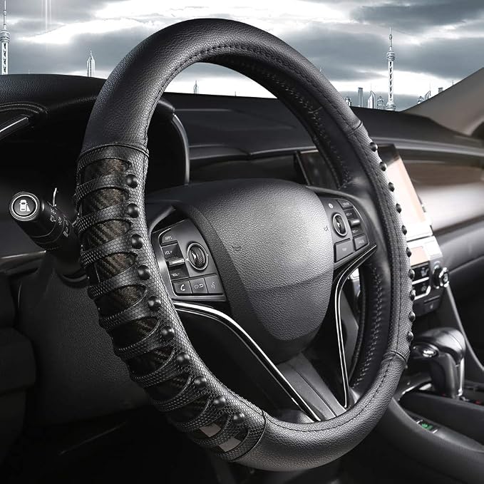 West Llama Microfiber Leather Car Steering Wheel Cover for Men Women,Universal Fit 14.5-15 inch(Leather Nails-Black-Standard Size)
