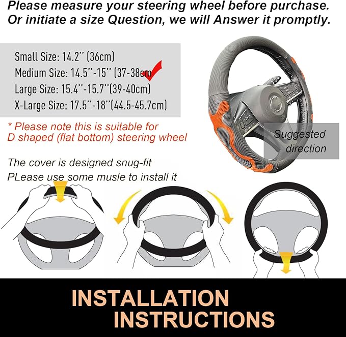 PINCTROT D Shaped Comfy Grip Steering Wheel Cover, Anti-Slip Design, Flat Bottom 14.5-15 Inch(Silicone Orange)