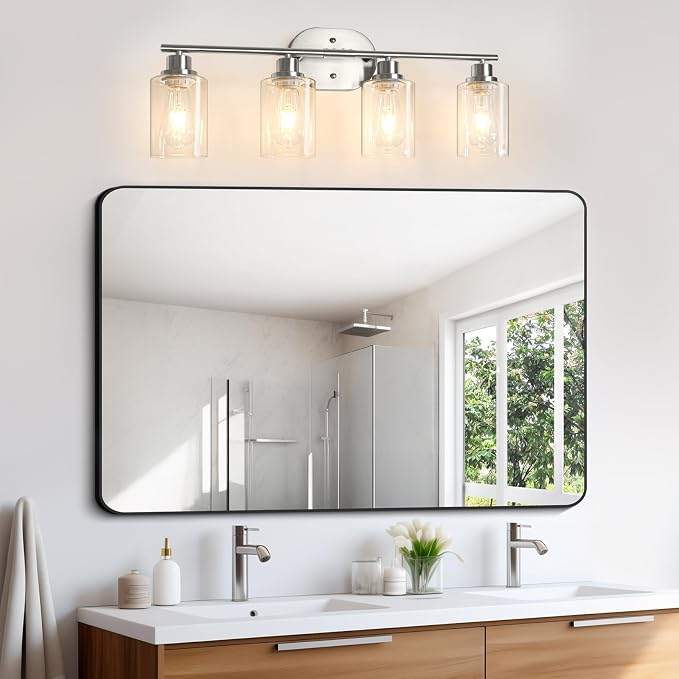 Unicozin Bathroom Light Fixtures, 4 Light Vanity Lights for Bathroom, Brushed Nickel Wall Lamp with Clear Glass for Mirror, Living Room, Hallway, Cabinet, E26 Base
