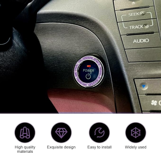 2PCS Car Engine Start Decoration Ring, Bling Crystal Double Rhinestone Push to Start Button Cover Sticker, Car Interior Accessories for Women,Fit for Key Ignition Knob Ring Decoration(Purple)