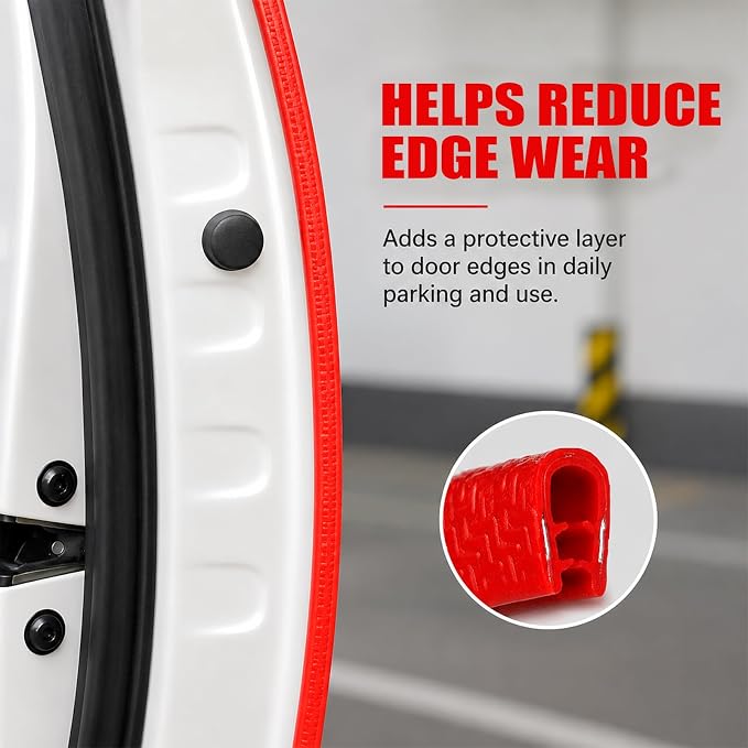 16.4 Ft Rubber Car Door Edge Guards, U Shape Edge Trim, Red | Flexible profile, cut to fit, parking ding shield, push on setup, fits most sedans SUVs trucks, automotive accessories