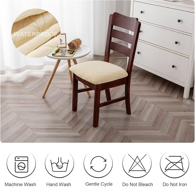 Genina Waterproof Seat Covers for Dining Room Chairs, Stretch Chair Covers Removable Washable Dinning Room Kitchen Chair Seat Cushion Slipcovers (Leaves-Beige, 4 PCS)