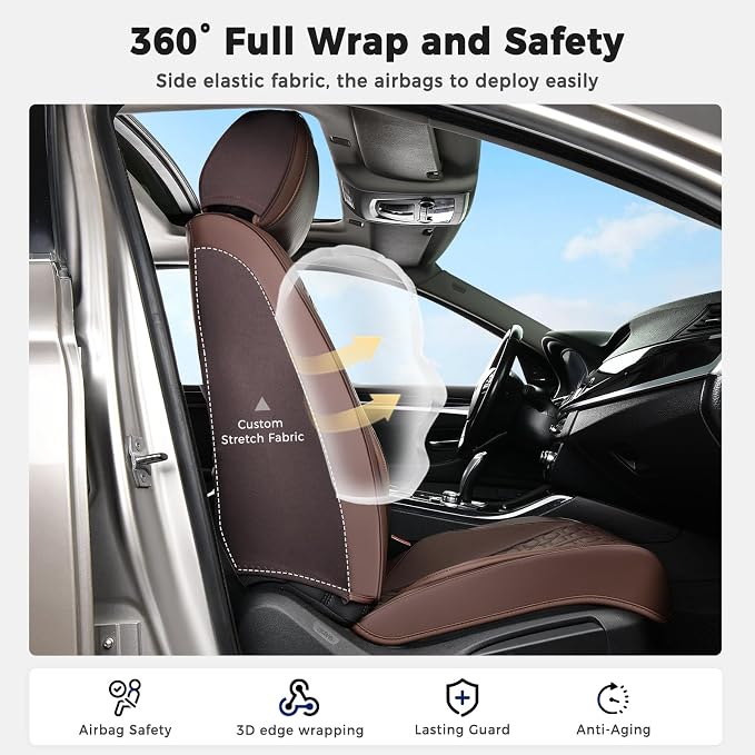 Huidasource Coffee Front Seat Covers, Automotive Car Seat Cover, 360° Full Wrap Leather Seat Cushion Covers Protector with Lumbar Support Fit for Most Cars SUV Trucks