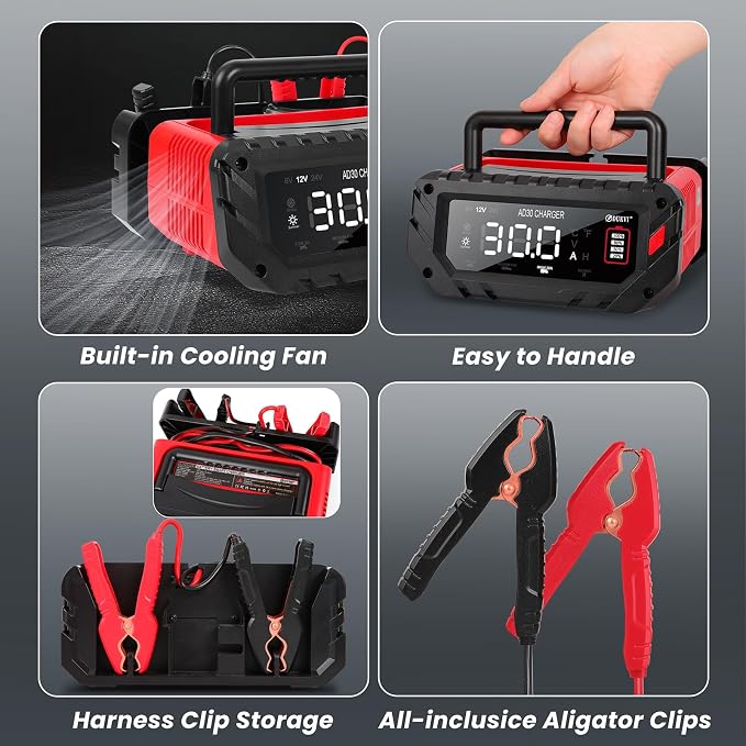 30 Amp 6V/12V/24V Smart Trickle Charger, Car Battery Charger, Lithium, Lifepo4, Lead Acid (AGM/Gel/SLA) Automatic Battery Maintainer, Battery Desulfator for Boat, Motorcycle, Lawn Mowers