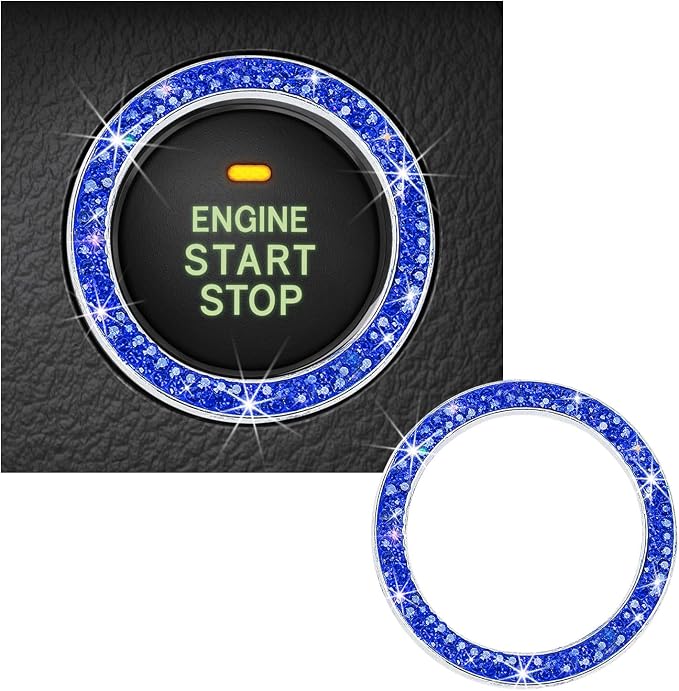 Kewucn Bling Crystal Double Rhinestone Car Engine Start Decoration Ring, Sparkling Push Start Button Sticker, Key Ignition & Knob Ring Decoration, Bling Car Interior Accessory(Dark Blue)