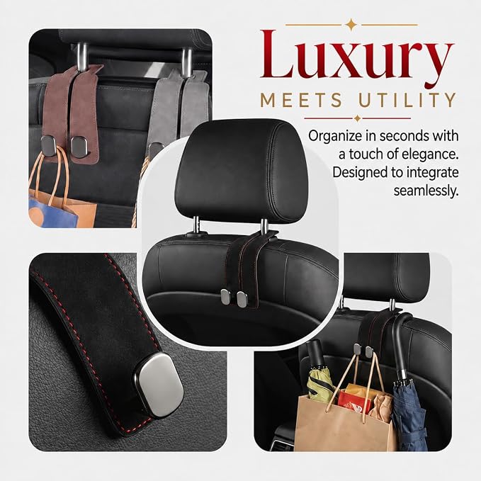 Universal Car Headrest Hooks Heavy Duty Suede Seat Organizer(Black) | Keep your car organized with these heavy-duty suede hooks—the perfect spot for your purse, bags, and daily essentials