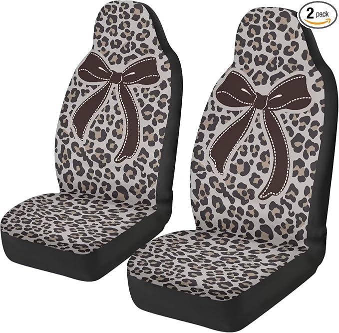 Bow Front Car Seat Cover Set of 2 Leopard Print Car Seat Covers for Front Seats Auto Interior Accessories Anti-Slip Back Fabric for Cars Sedans and SUVs