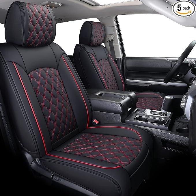 YIERTAI Trucks Seat Covers Compatible with 2008-2023 2024 2025 2026 Toyota Tundra SR5 Crewmax Double Cab Crew Extended Cab Pickup Waterproof Leather Seat Protectors(5 PCS Full Set/Black-Red)