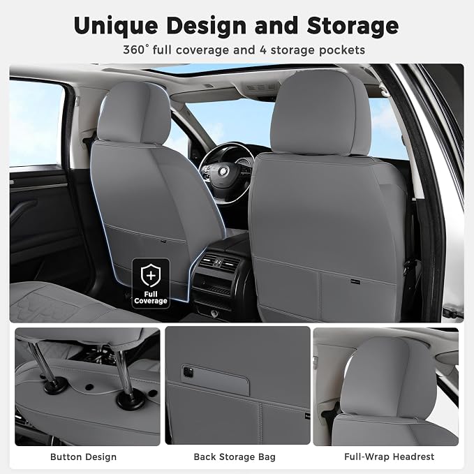 Huidasource Gray Car Seat Covers Full Set, Full Coverage Nappa Leather Seat Cover, Front and Back Seat Covers 5 Seats Universal Fit for Most Cars SUV Trucks, Car Seat Cushion Protector