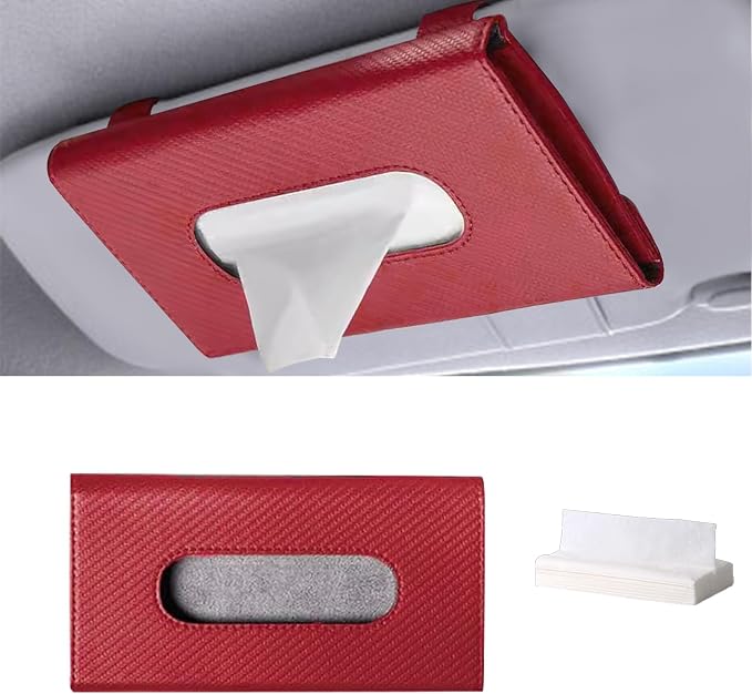 Car Tissue Holder, Car Tissue Box, Rectangular Sun Visor Napkin Holder with Tissue Refill, PU Leather Napkin Case Auto Interior Accessories Universal for Visor and Backseat (Red)