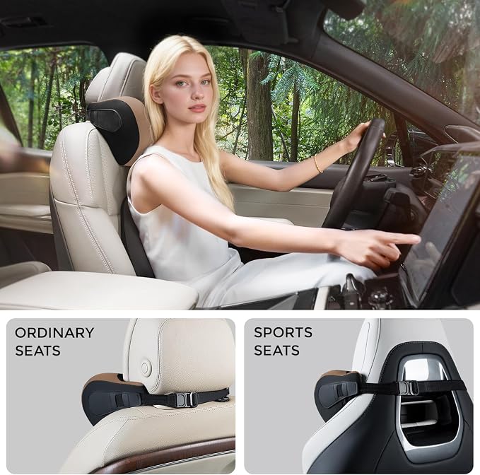 BEBAS Car Headrest Pillow, Memory Foam Neck Support Pillow for Cars - Ergonomically Designed for Long Drives, Travel & Commuting, Pain Relief with Removable & Washable Cover (Brown,1-Pack)