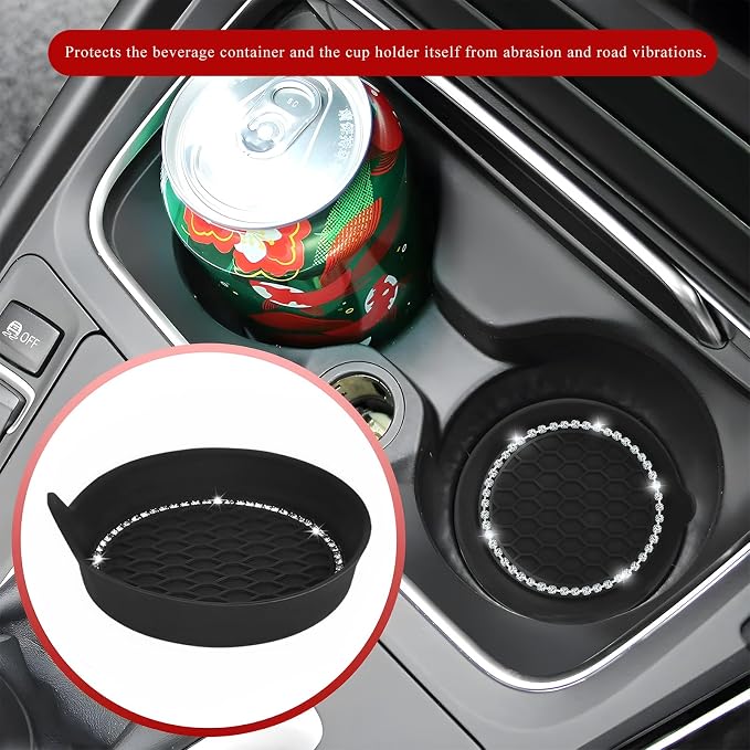 Sun Walker 4 PCS Bling Car Cup Holder Coaster, Non Slip Sparkly Rhinestone Cup Holder Pad Insert Coaster, Shockproof Silicone Shiny Embedded Drink Mat Interior Decor for Most Vehicles (Black)