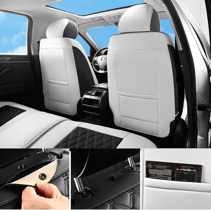Car Seat Covers Full Set,5 Seat White Leather Seat Covers for Cars,Front Seats and Back Seat Cover,Waterproof Car Seat Cushion Protectors,Universal Fit for Most Cars SUV Trucks (White Black, Full Set)