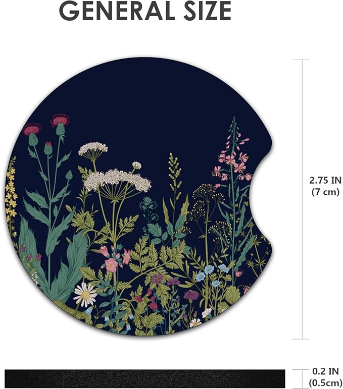 2 Pack Car Coasters，2.75-inch Neoprene Non-Slip Cup Holder Coasters for Car，Cute Car Interior Accessories for Men and Women，Black Flower