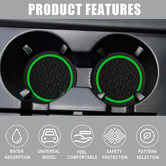 Car Cup Holder Coasters, Dustproof Automotive Interior Accessories Mat,2.75 Inch Non-Slip Insert Water Bottle Holder Pads, Universal for Vehicles, Trucks, RVs and More (Black/Green, 2PCS)