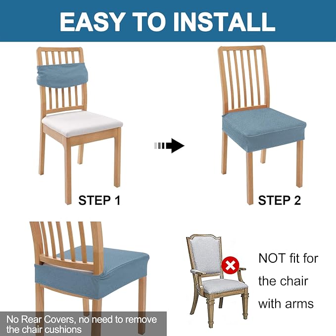 Smiry Waterproof Seat Covers for Dining Room Chairs Set of 2, Stretch Jacquard Removable Washable Chair Seat Slipcovers Protector, No Rear Covers, Airy Blue