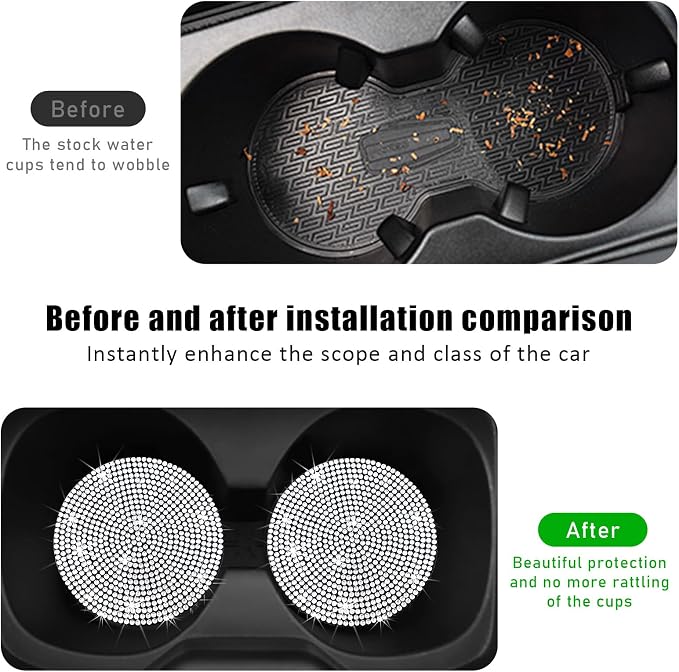 Ziciner 2PCS Bling Car Cup Holder Coaster, 2.73 Inch Anti-Slip Cup Insert Coasters, Crystal Rhinestone Auto Drink Cup Mat, Universal Interior Decor Car Accessories for Women Girls (White)