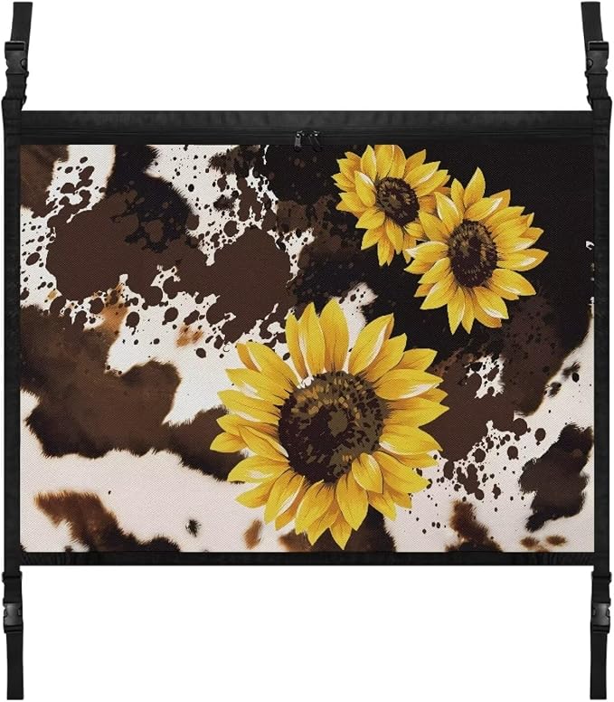 Dreaweet Brown Cow Print Car Ceiling Cargo Net Storage Net,Sunflower Car Accessories Interior Vehicle Cargo Net for Car with Zipper Road Trip Essentials Car Organizer Hanging on Car Truck SUV Roof