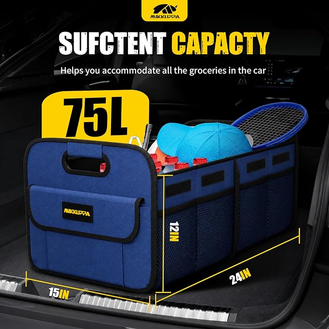MIKKUPPA Car Trunk Organizer - 75L Collapsible Trunk Organizer with Reinforced Handles for Groceries, Trunk Storage Organizers for SUV Auto Truck Van with Non Slip Bottom (Blue)