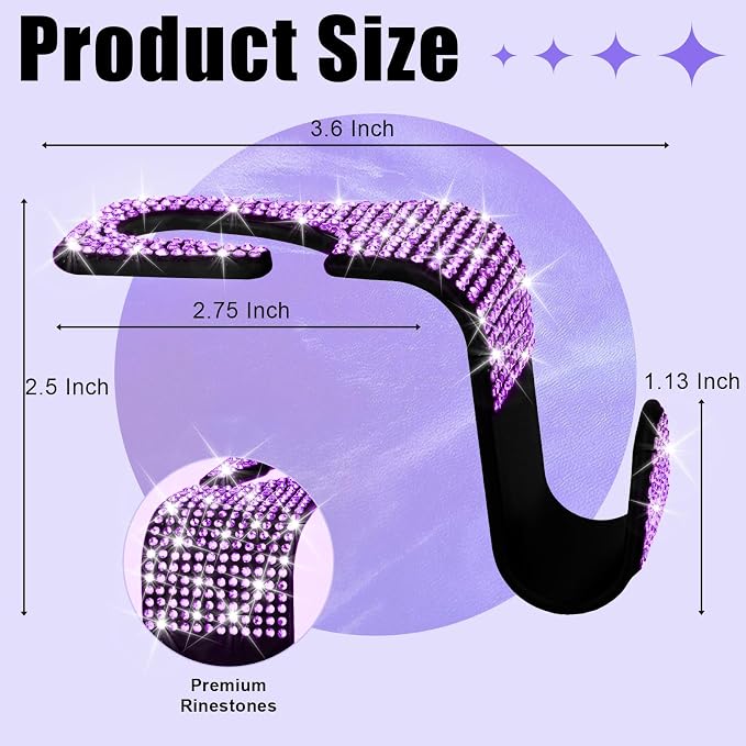 BFXM 6 Pack Bling Car Seat Headrest Hooks, Rhinestone Purse Hook for Car, Universal Storage Organizer for Handbag Grocery Bags Coats, Bling Car Accessories for Women (Bling Purple)