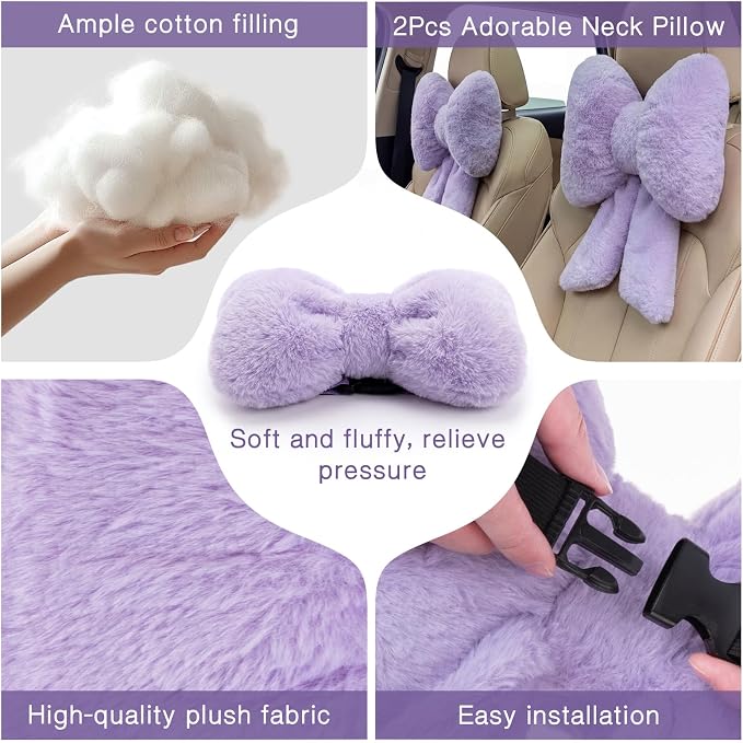 Macarrie 2 Pcs Purple Car Neck Pillow Plush Butterfly Bow Car Headrest Comfortable Pillow Seat Neck Support Cute Head Rest Accessories for Driving Travel Driver Chair Girl Interior Decor(Solid)