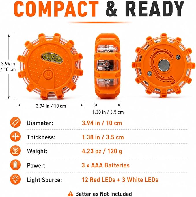 HYUWMXPY 6 Pack LED Road Flares, Emergency Warning Lights with 9 Flash Modes, Magnetic Base and Hook, Waterproof Crush-Resistant Safety Beacons for Car Truck Boat, Batteries Not Included