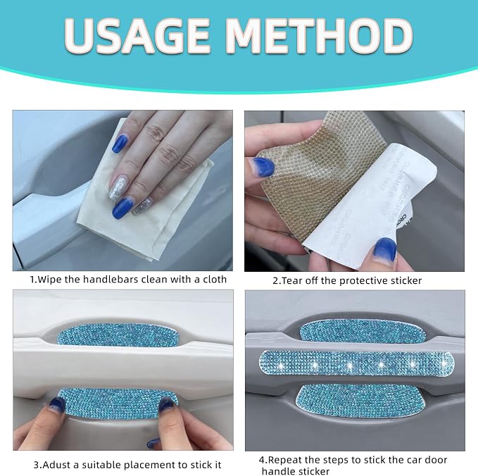 10 pcs Bling Diamond Car Door Handle Stickers, Bling Car Accessories for Women, Universal Rhinestone Crystal Glitter Door Handle Protector Stickers and Decals, Scratch Safety Reflective (Aquamarine)