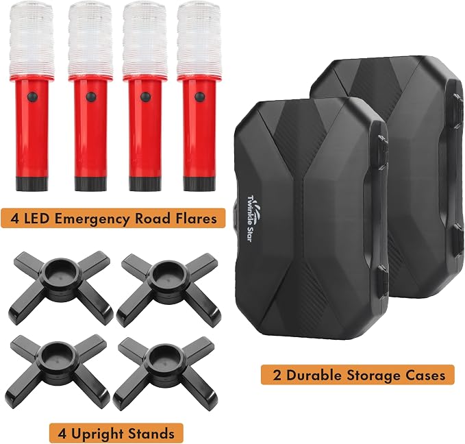 Twinkle Star LED Safety Strobe Road Warning Light, Set of 4 | Emergency Roadside Flares Kit, Highway Beacon Alert Flare, Magnetic Base, Detachable Stand, Solid Storage Case