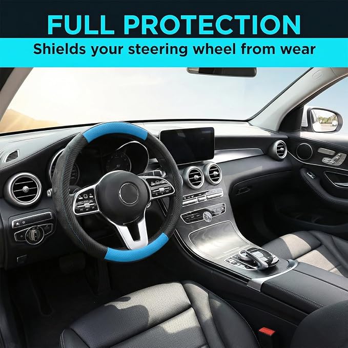 Car Steering Wheel Cover, Breathable Carbon Fiber Vehicle Steering Wheel Protector with Anti-Slip Lining, Automotive Interior Accessories, Universal for SUV RV Truck (Black Blue)