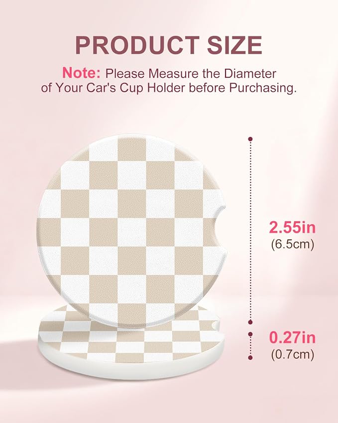 Swooflia Car Coasters for Women - White Checkered Ceramic Car Cupholder Coaster Absorbent Mat Coaster with Cork Base 2 Pack 2.55 inch Automotive Cup Holder Accessories New Driver Gifts for Decor