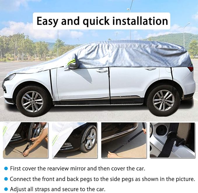 Half Car Cover All Weather Car Body Cover Sunshade Cover Snow Cover Waterproof Snowproof Universal 210D Oxford Fabric (Fit MPV/SUV Length 185'' to 195'')