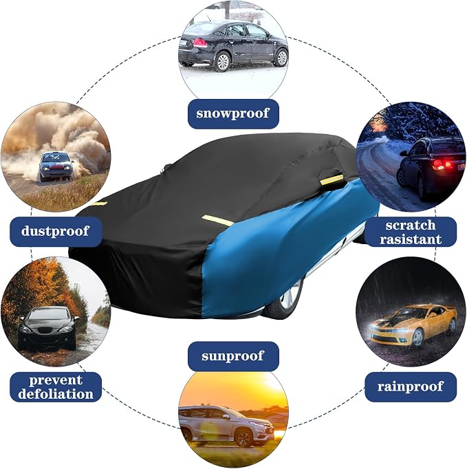 Riakrum Full Car Cover Waterproof All Weather for Automobiles Windproof Cover Rain UV Protection Sun Scratch Resistant Outdoor Universal(Fit Sedan Length/Small SUV (185-193") 59'' H,Black, Blue)