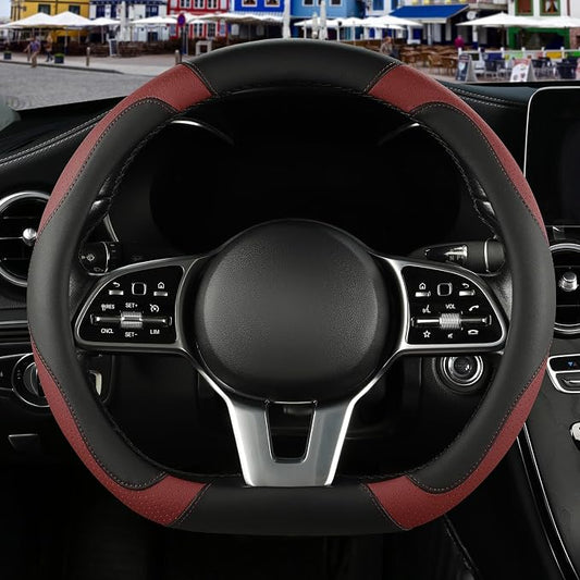 Black Burgundy Microfiber Leather D Shaped Steering Wheel Cover | Breathable Anti Slip Grip Cool Sporty Look Glow for Women Men