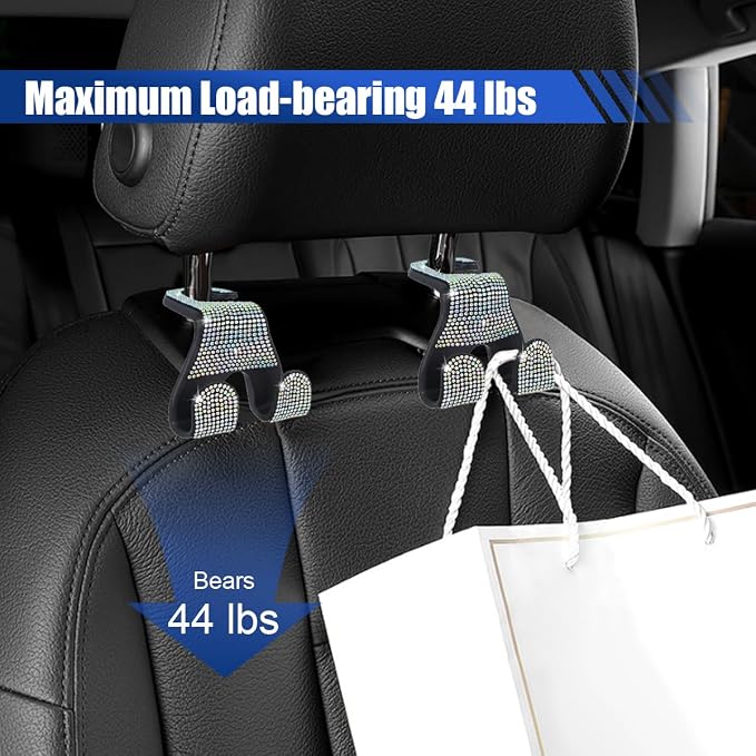 2PCS Car Seat Headrest Hooks, Shiny Crystal Hanger Holder, Backseat Hanger Storage Organizer, Bling Rhinestone Car Purse Hook, Car Accessories for Women Universal for SUV Truck Vehicle (AB Color)