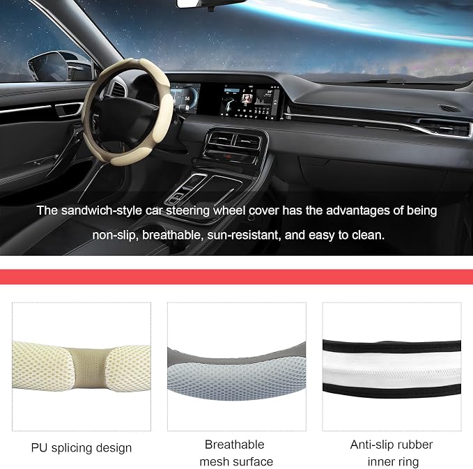 Car Steering Wheel Cover, 15" Breathable Ice Silk Auto Wheel Protector with Comfortable Grip, Anti-Slip Slip-on Steering Wheel Wrap Soft Hand Pad Cushion for Women Men (Beige)
