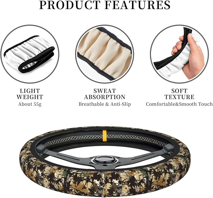 Forest Camo Neoprene Steering Wheel Cover Anti-Slip Elastic Comouflage Tree Hunting Steering Wheel Protective Cover 15in Universal Car Accessories Fit Cars, SUVs, Auto