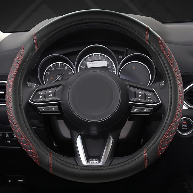 West Llama Car Steering Wheel Cover for Mazda 3,5,6,CX-3,CX-5,CX-30,CX-50,CX9,CX-9,MX-5 Miata,CX-7,RX-8,14.5-15 inches(Diamond Quilted-Black+Red-Standard Size)
