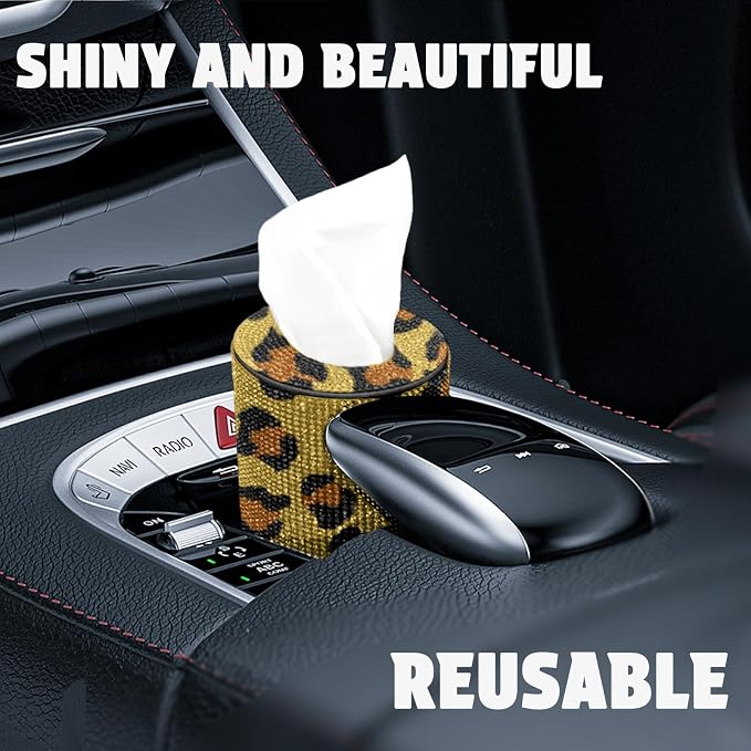 Bling Car Tissue Holder for Cup Holder – Sparkly Rhinestone Round Tissue Dispenser with 1 Pack Tissues – Fits Standard Auto Cup Holders – Stylish Car Interior Accessory for Women(Leopard Print)
